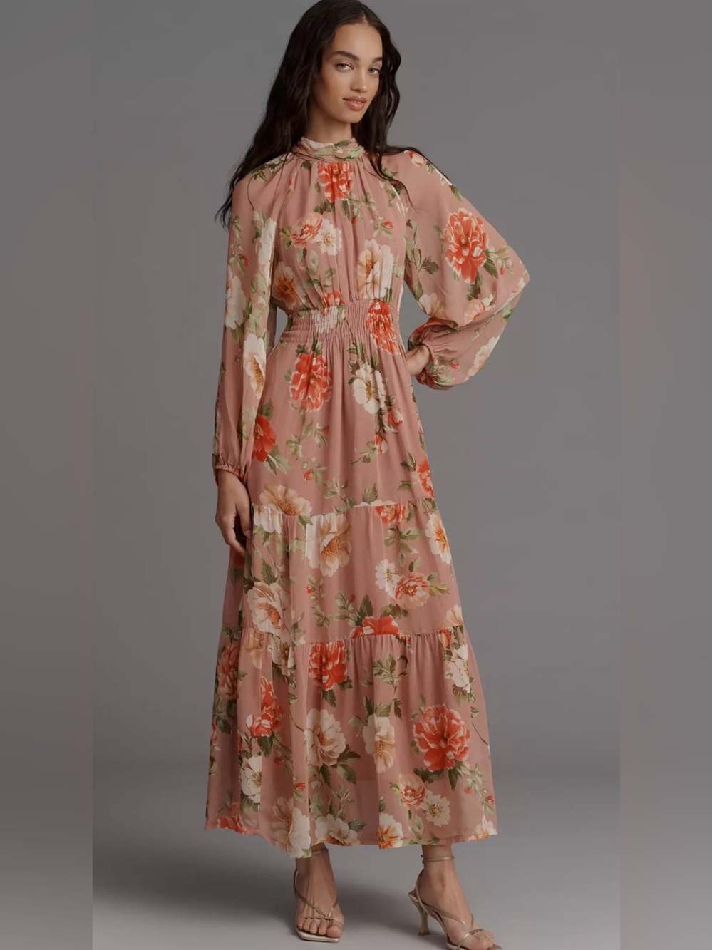 Anthropologie Somerset Pink Floral Mock Neck Chiffon Maxi Dress M